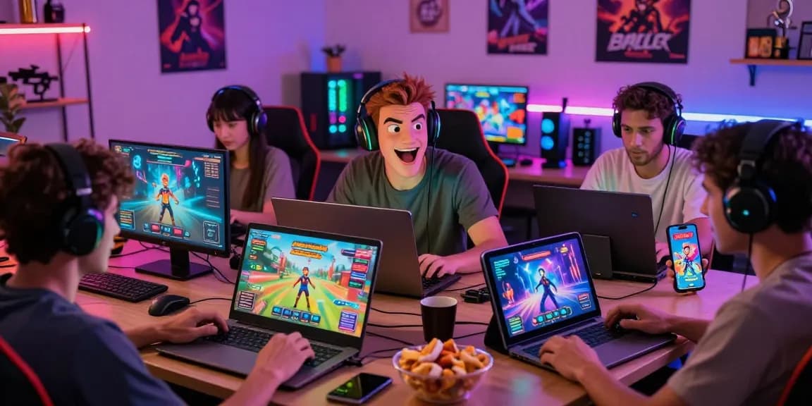 Exciting scene showcasing diverse characters playing free sex games on various devices in a vibrant gaming environment.