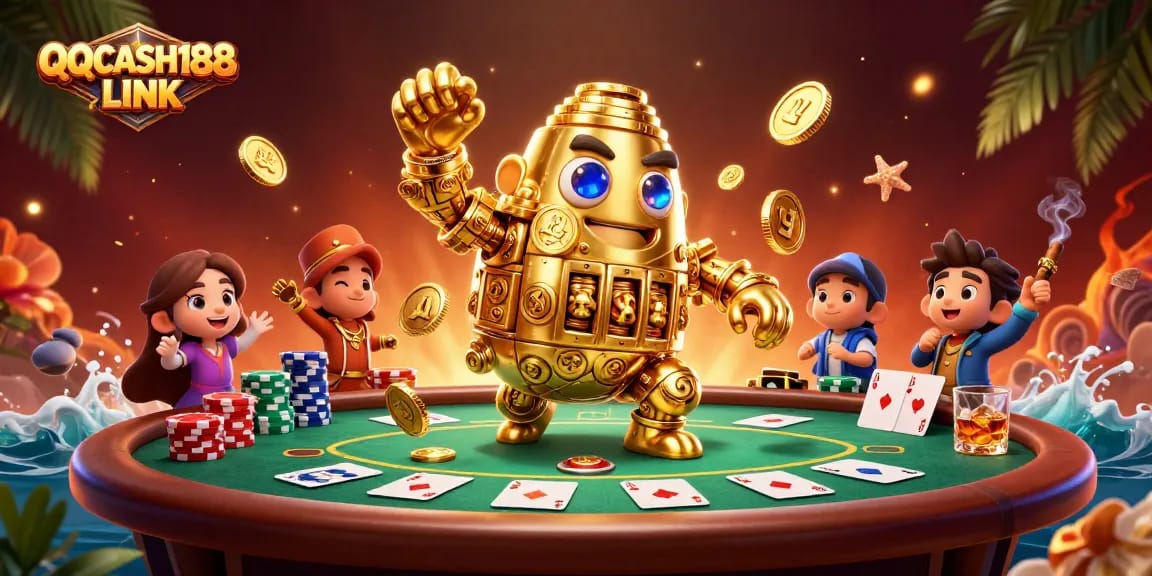 Experience thrilling moments at QQCASH188 LINK with a vibrant scene of winning poker hands and golden golem.