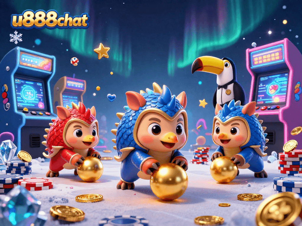 Join the vibrant world of u888chat where pangolins roll golden balls amidst poker chips in a colorful casino adventure.