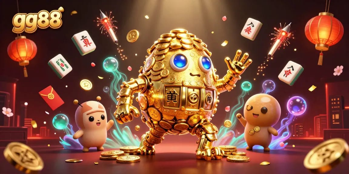 Experience the thrill of gg88 with a vibrant 3D scene of a golden golem amidst classic casino elements.