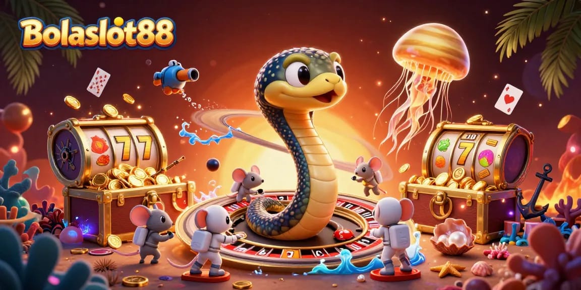 Bet on Bolaslot88 with astronaut mice and a cosmic dealer in an exciting slot game scene.