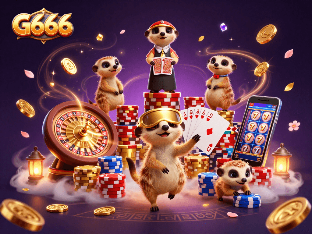 G666 casino experience with meerkats managing games, golden coins cascading around