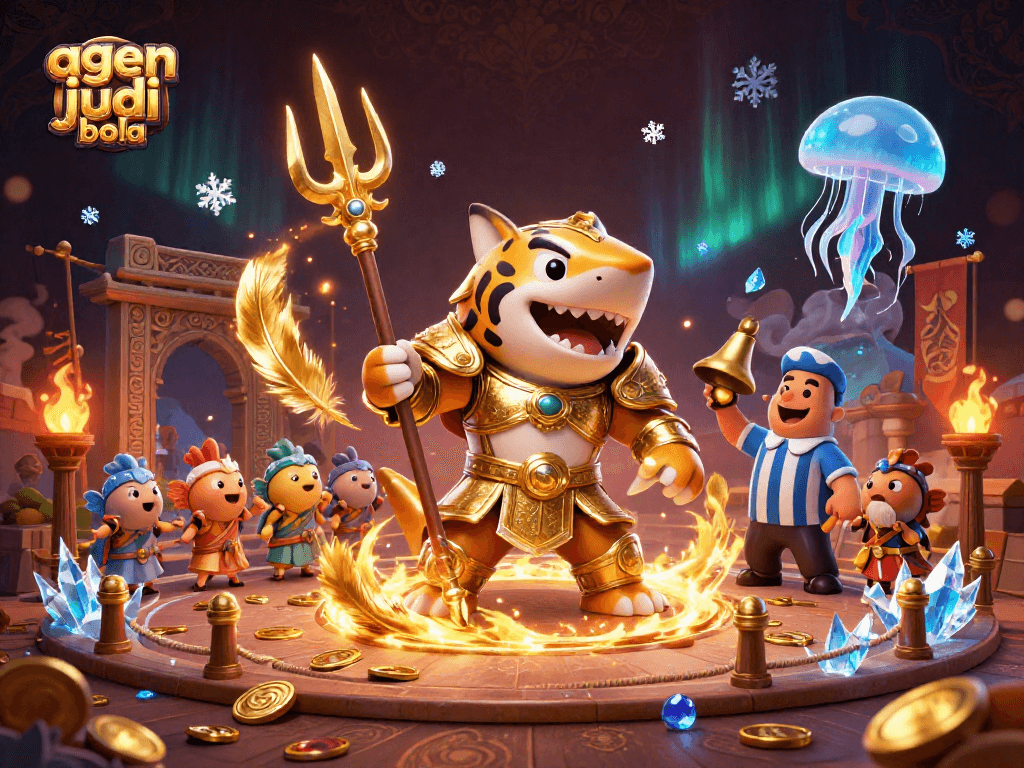 Engage in thrilling agen judi bola action with a golden gladiator tiger shark in an underwater colosseum.