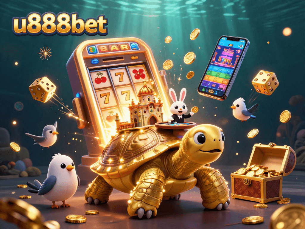 Experience excitement with u888bet's lively casino scene featuring a golden tortoise and vibrant game elements.