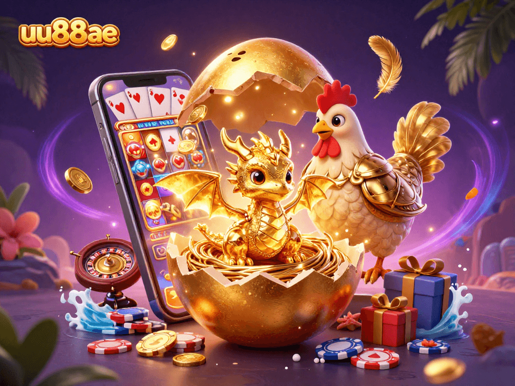 Gamble with style at uu88ae, featuring golden dragon and poker chips amidst vibrant casino elements.