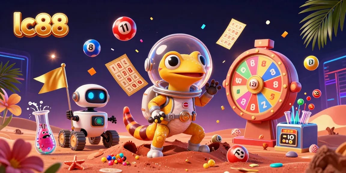 Exciting lc88 game scene with Martian gecko discovering a golden casino and vibrant gambling elements.