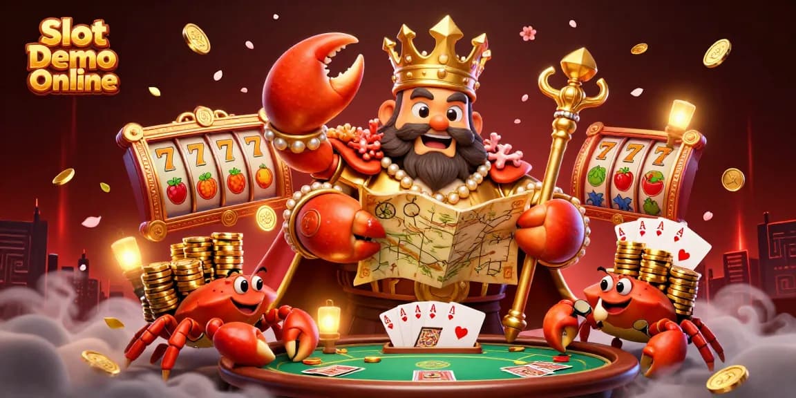 Engage with Slot Demo Online for thrilling gameplay featuring a golden crab emperor and vibrant casino elements.