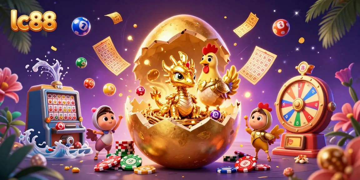 Experience winning excitement with lc88 as a golden dragon emerges surrounded by vibrant casino games and lottery elements.
