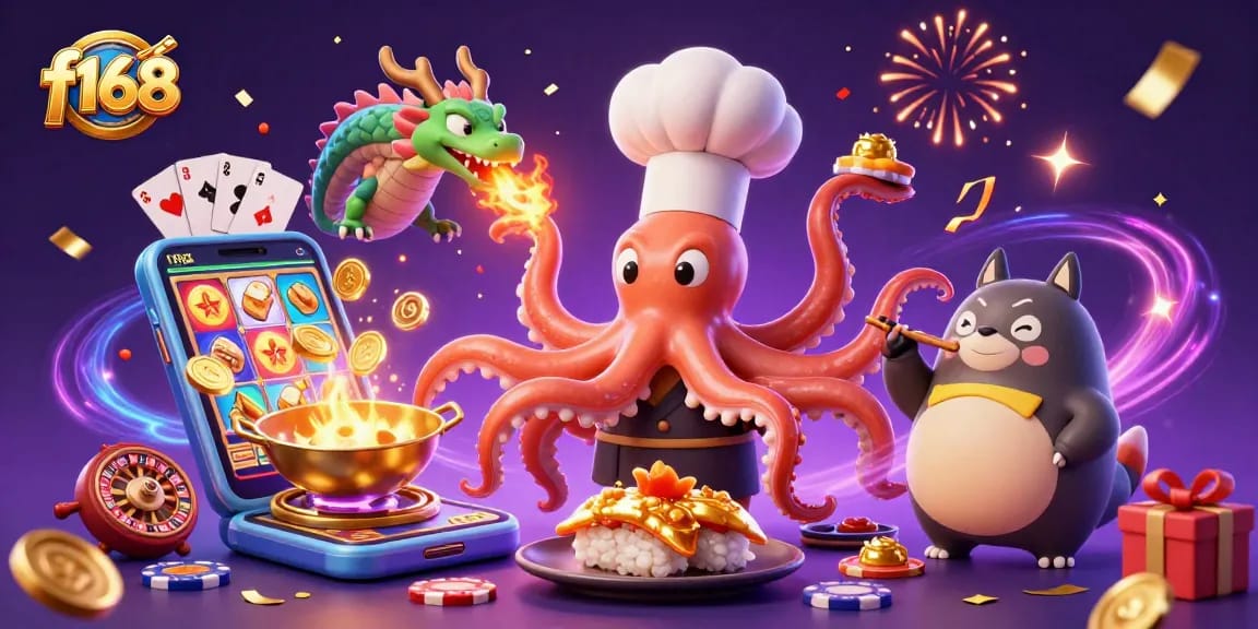 Experience thrilling action with f168 as a cartoon octopus chef cooks while a dragon breathes fire among lively casino elements.