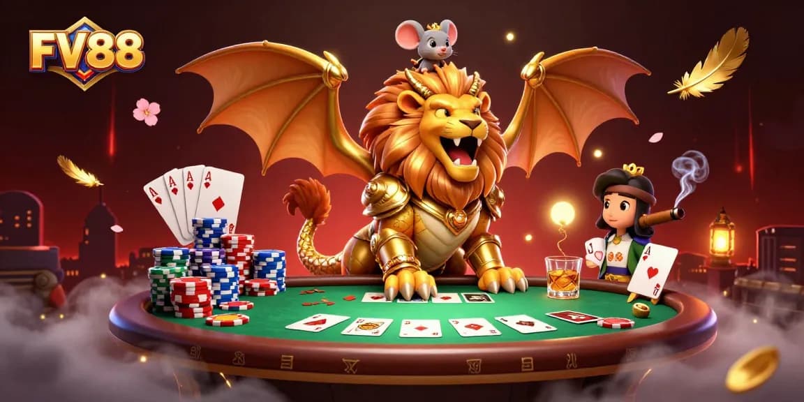 Experience the excitement of FV88 casino with a roaring chimera, poker tables, and dynamic gameplay.