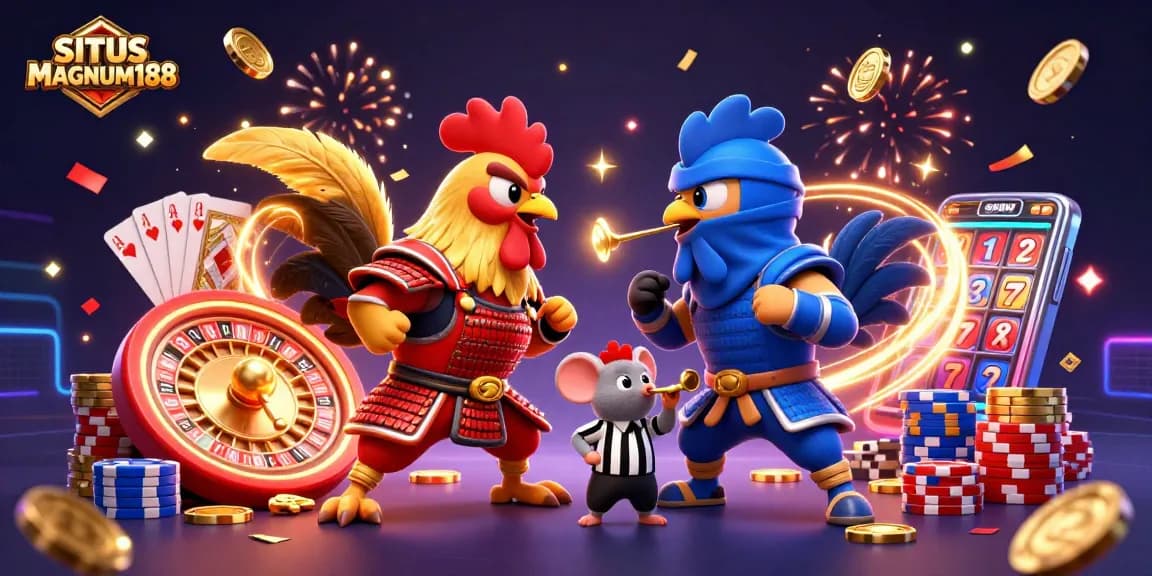 Experience thrilling action at SITUS MAGNUM188 with dynamic roosters, coins, and vibrant casino elements.