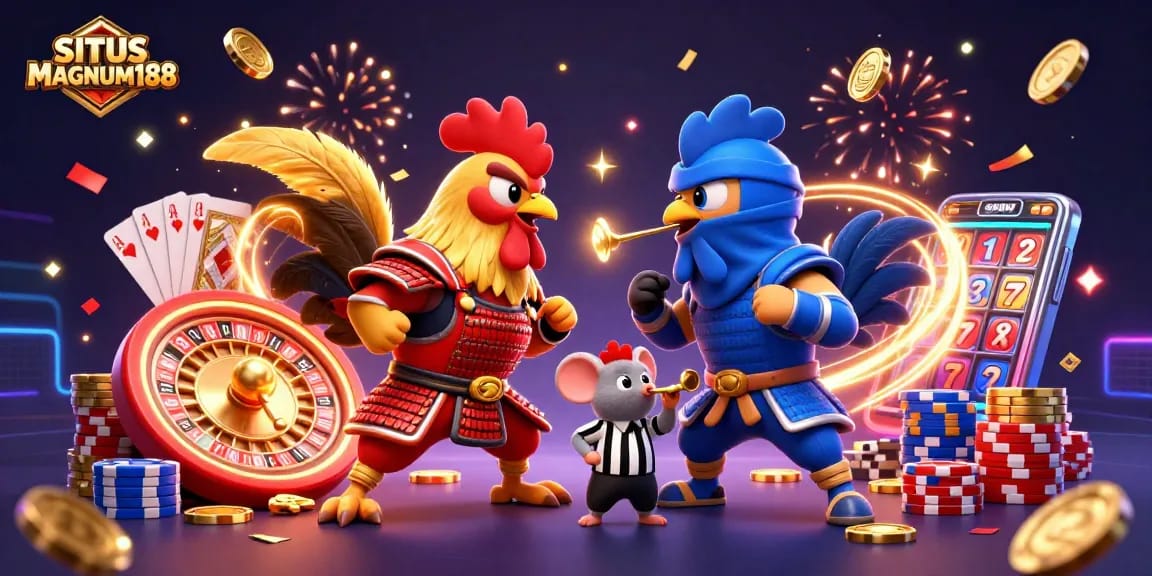Experience thrilling action at SITUS MAGNUM188 with dynamic roosters, coins, and vibrant casino elements.