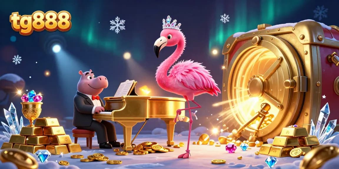Experience the excitement of tg888 with cartoon characters in a vibrant casino scene featuring gems and gold.