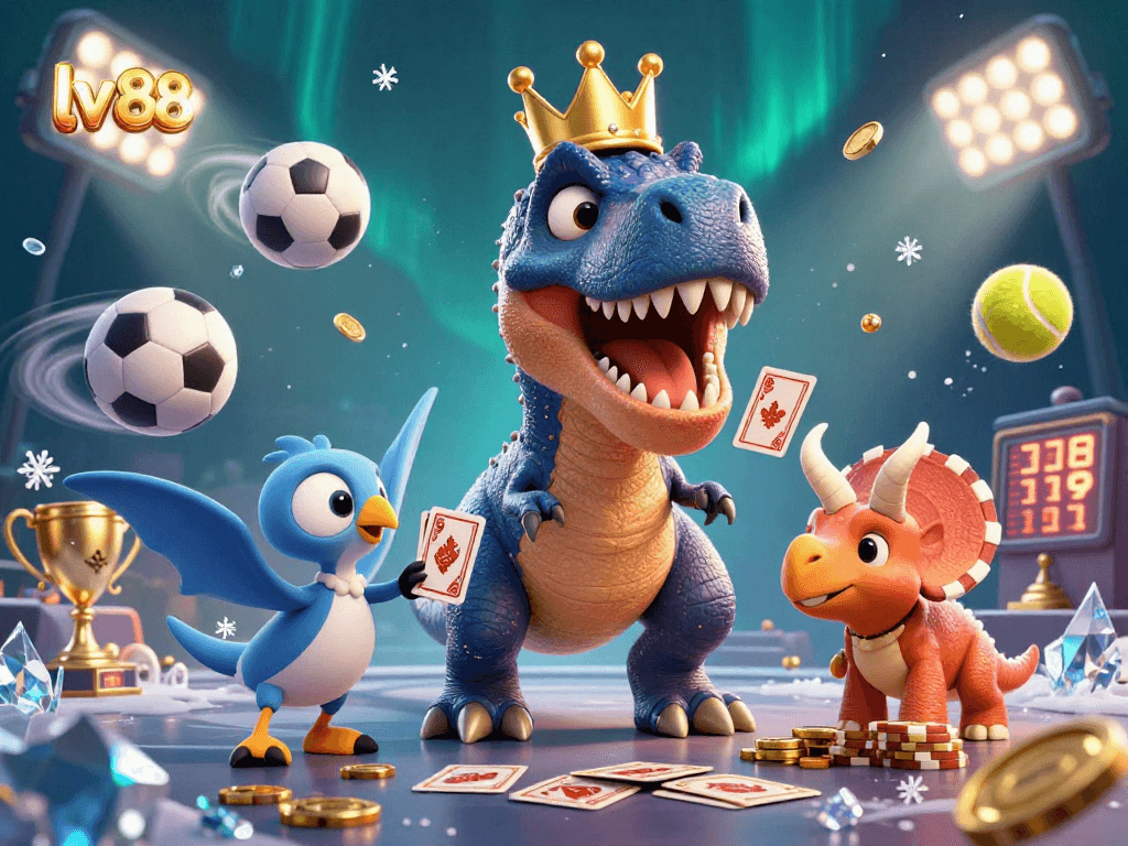 Experience gaming excitement with lv 88 as T-Rex shuffles cards surrounded by golden trophies.