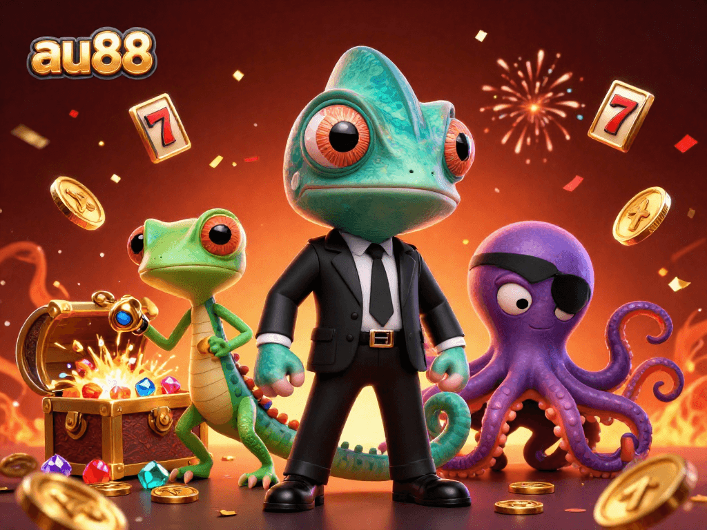 Experience thrilling gameplay with au88's dynamic scene featuring a secret agent chameleon and exciting slot reels.
