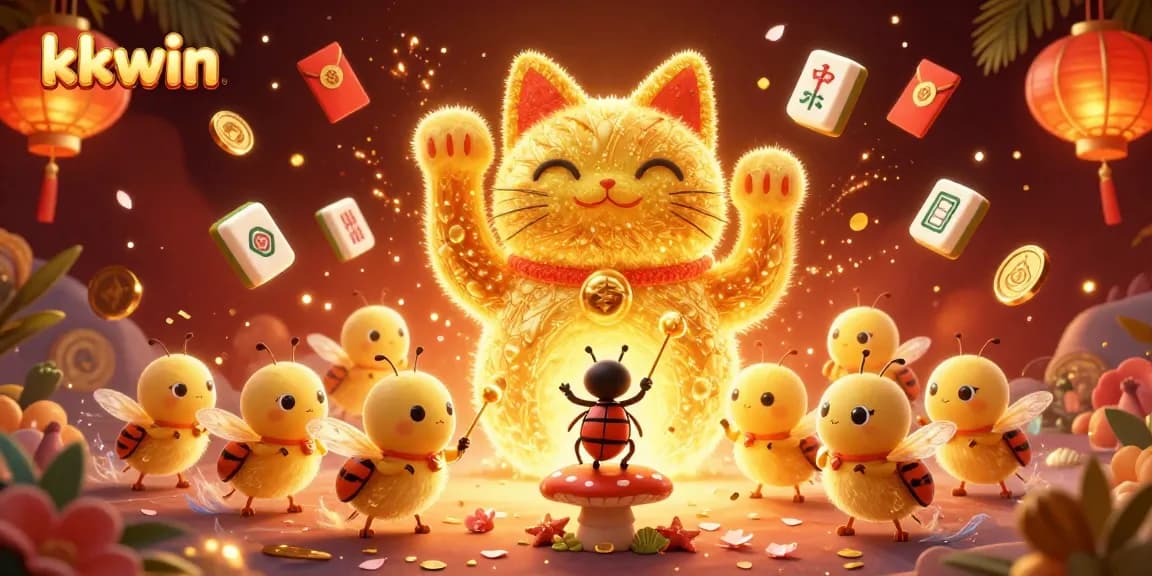 Experience exciting kkwin gaming with a vibrant, wave-like lucky cat surrounded by dynamic casino elements.