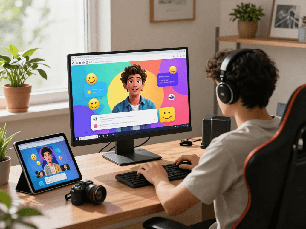 Engaging AI chat porn interaction in a cozy virtual environment with character on screen.