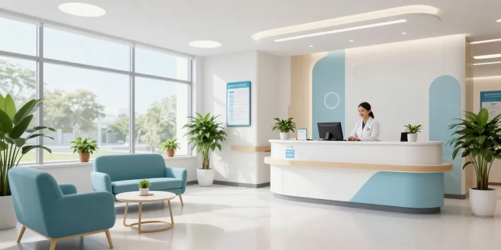 Modern healthcare clinic reception area for link slot services with caring staff and patient-centered design.