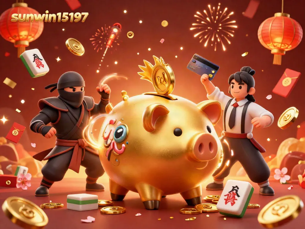 Experience vibrant gambling excitement with sunwin15197's cartoon cash-filled scene featuring dynamic characters and festive elements.
