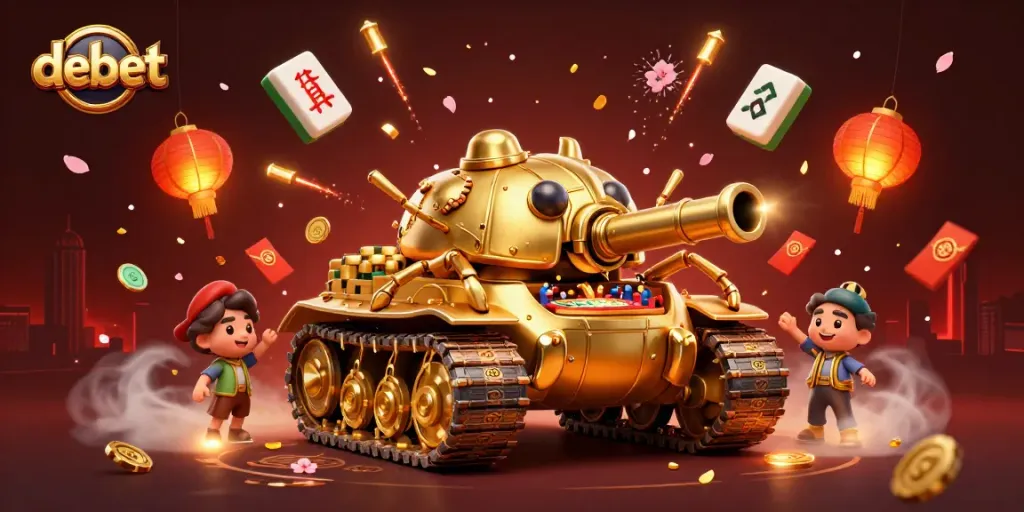 Engage in debet gaming with a vibrant 3D casino scene featuring a golden beetle tank and dynamic festive elements.