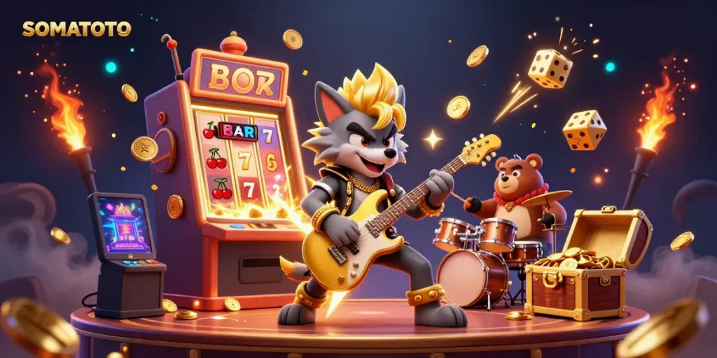 SOMATOTO-themed 3D illustration showcasing an energetic casino atmosphere with a rock star wolf and a bear drummer.