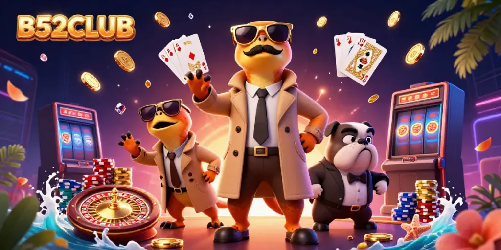 B52CLUB wild raptors enter VIP casino lounge in a colorful 3D dynamic scene