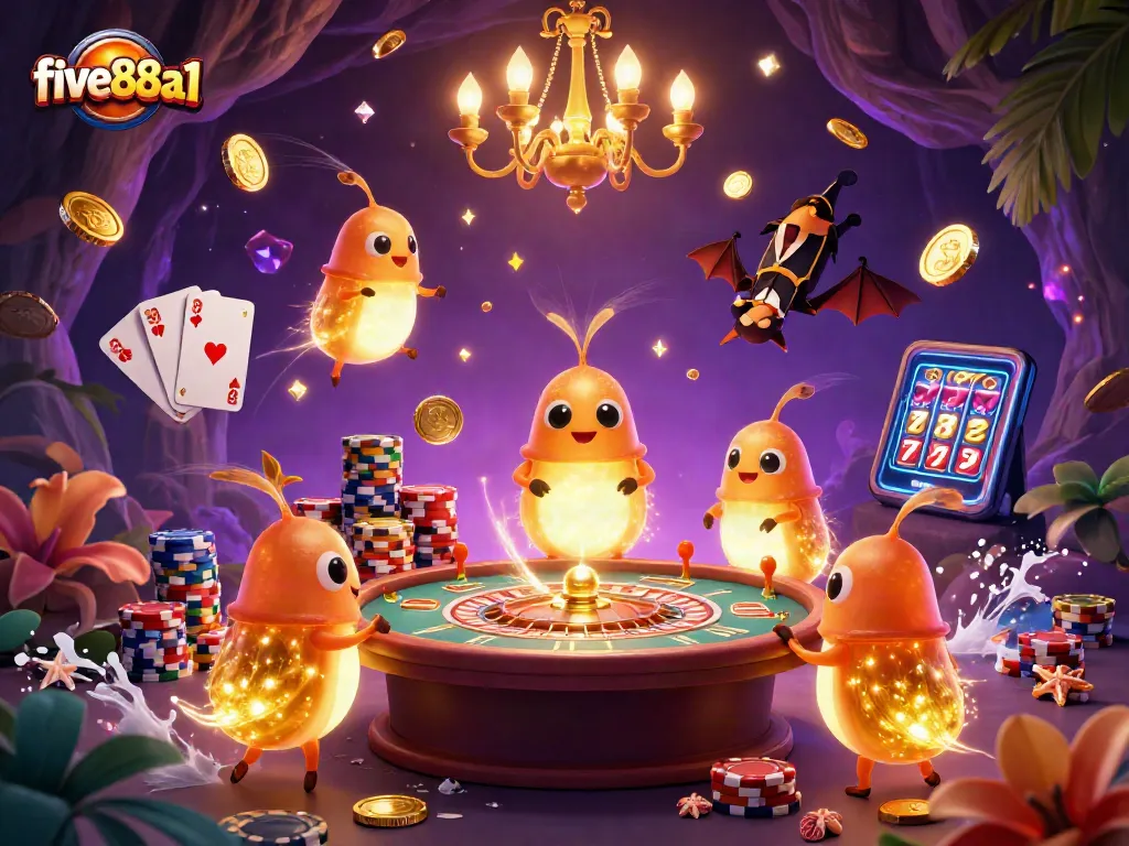 Engage with five88a1 in a vibrant cave casino lit by glowing glowworms and exciting game elements.