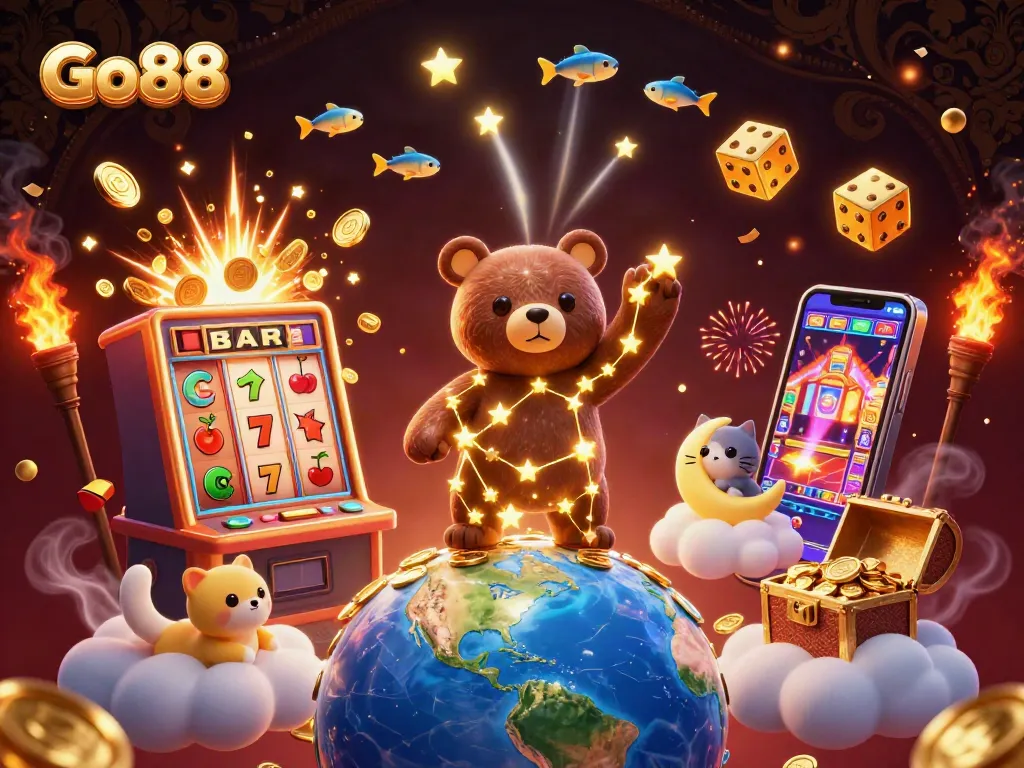 Engage with Go88's dynamic casino world filled with golden coins, 3D characters, and slot machines in a vibrant night sky.