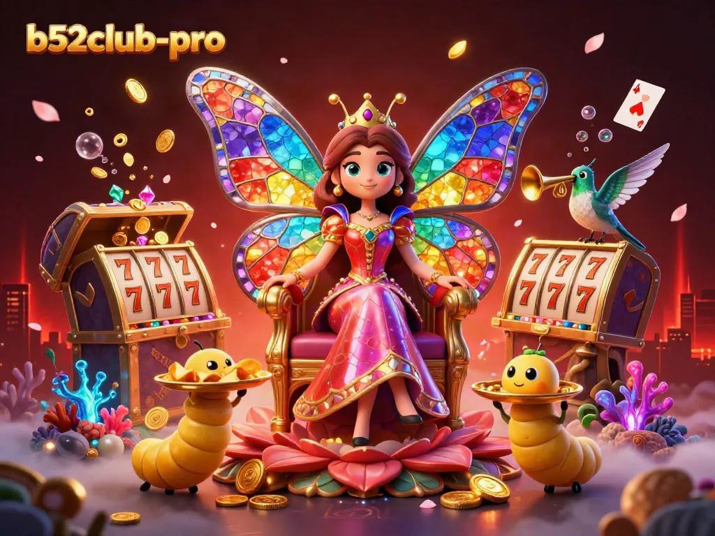 Immerse in the b52club-pro gaming world with a whimsical butterfly queen and vibrant casino elements.