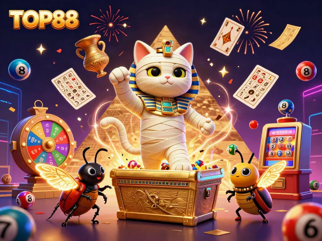 Experience the thrill of TOP88 in a vibrant casino scene with a mummy cat and glowing scarab.