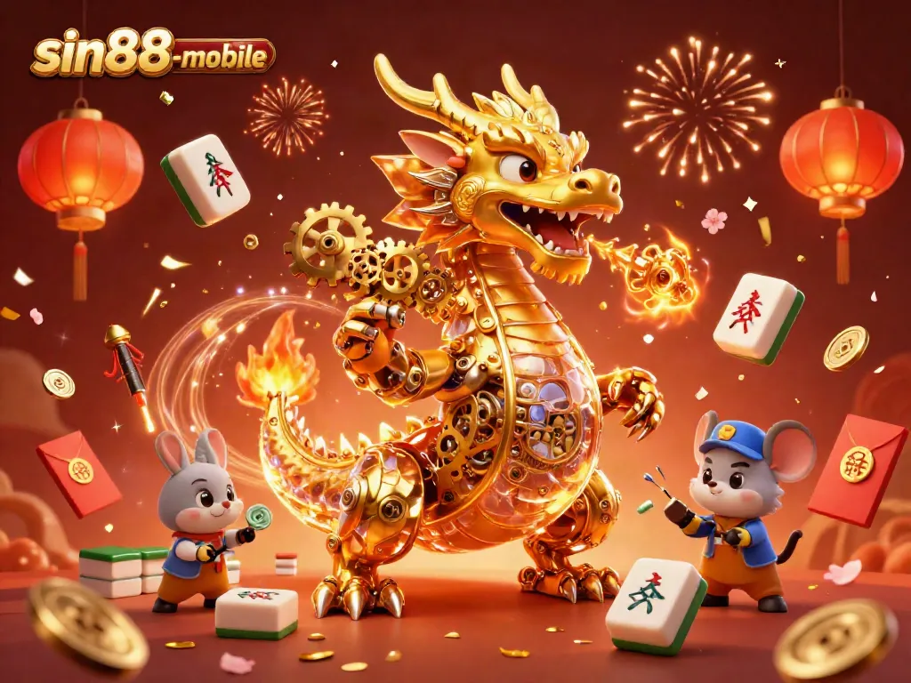 Experience the thrill of sin88-mobile with a vibrant 3D illustration showcasing a mechanical dragon and festive symbols.