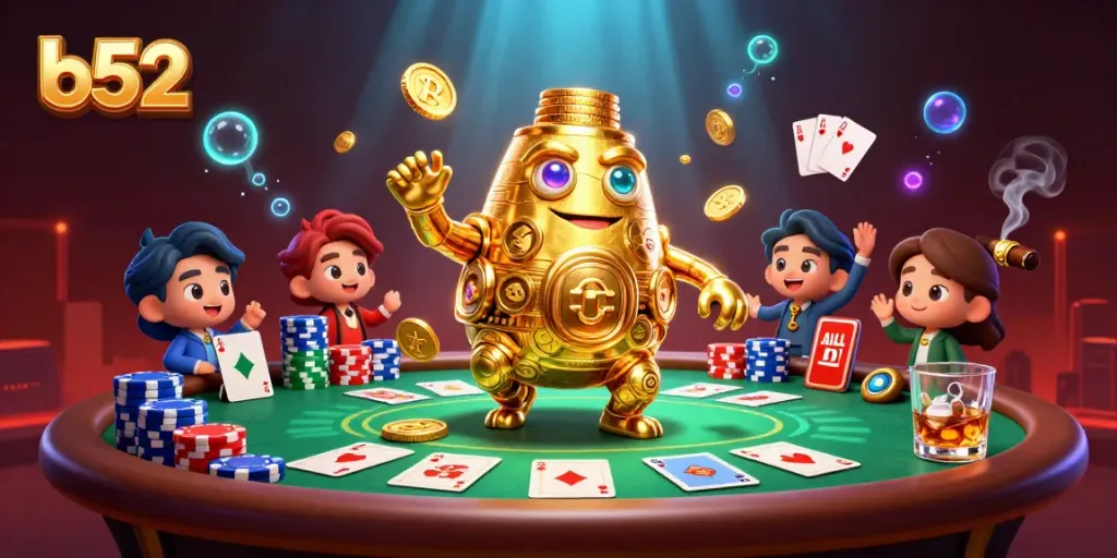Experience b52 casino thrills with dynamic poker action and a golden golem in a vibrant 3D illustration.