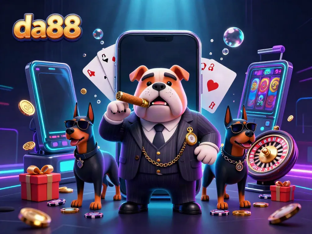 Experience thrilling winning moments at da88 with a lively illustration of a mafia boss and game elements.