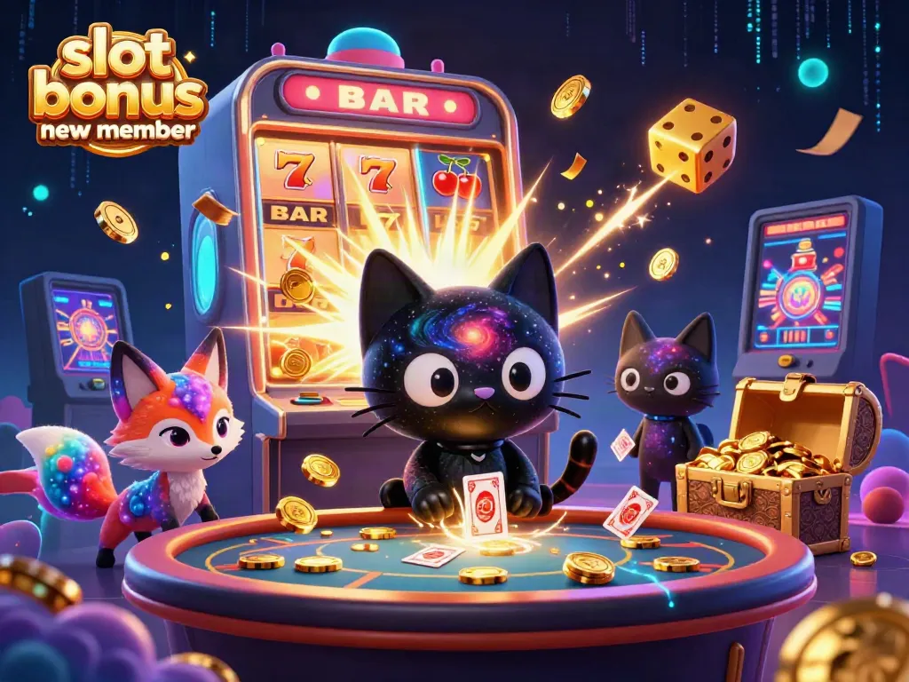 Experience the thrilling slot bonus new member opportunity with dynamic visuals of a vibrant cosmic casino environment.