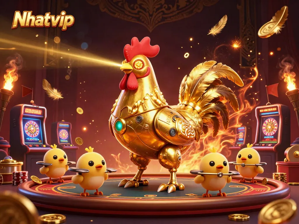 Nhatvip: Engaging scene showcasing a golden rooster robot and baby chick drones in a vibrant casino environment.