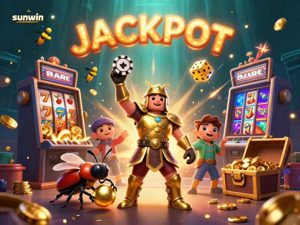 Experience thrilling jackpots with sunwin in this vibrant 3D casino illustration featuring dynamic game elements.
