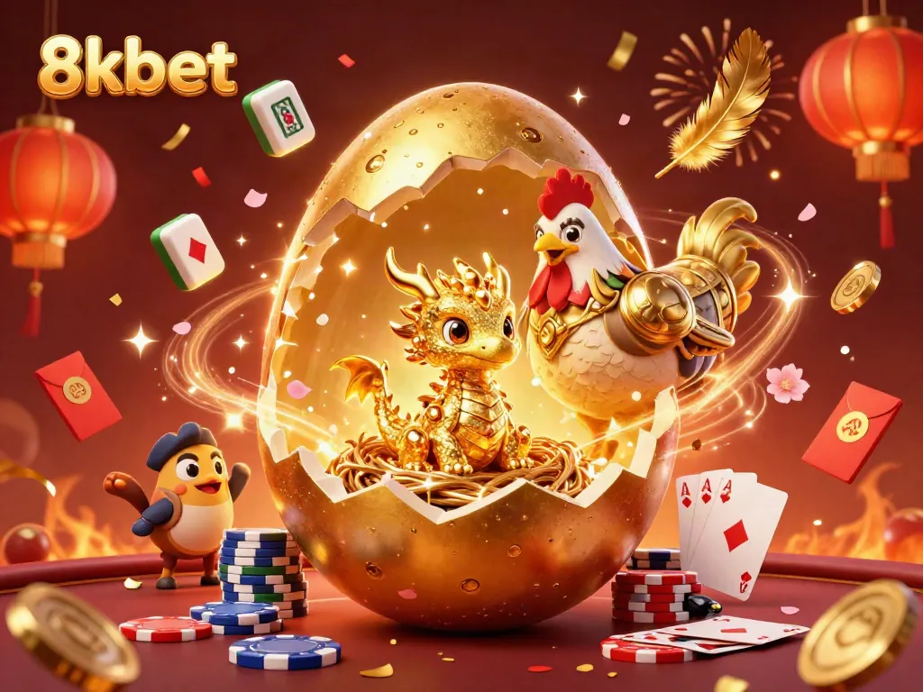 Join the excitement of 8kbet's poker scene, showcasing a golden dragon and vibrant casino elements.