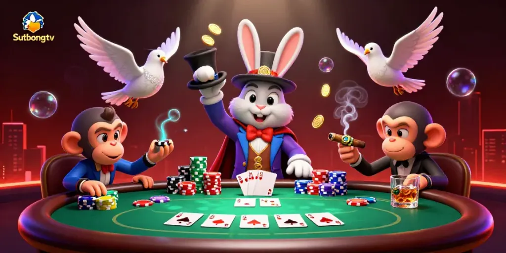 The magician rabbit showcases golden coins in an exciting Sutbongtv poker scene, proving winning strategies in action.