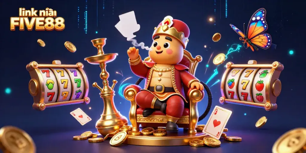 Engage with the fun at link vào FIVE88 featuring a whimsical scene with a caterpillar and vibrant casino elements.