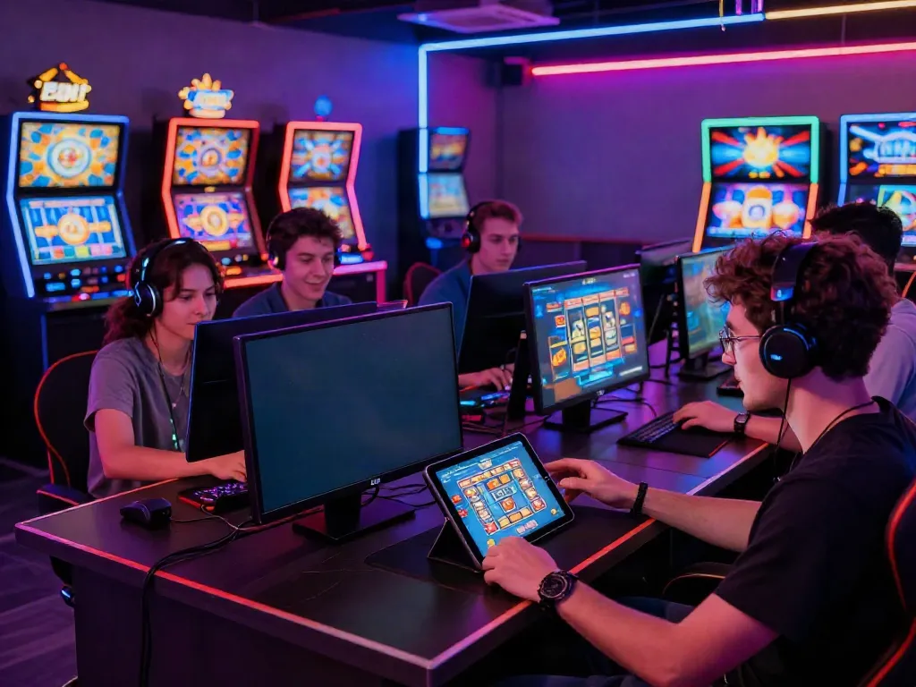 Friends gathering to play slot88 games on multiple devices in a vibrant gaming lounge.