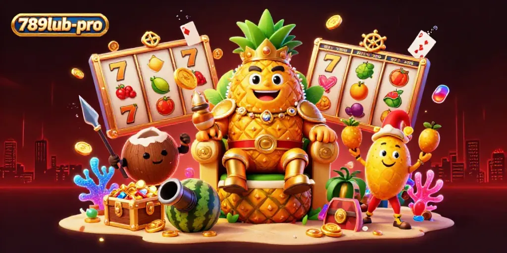 Enjoy gaming at 789lub-pro with a vivid cartoon illustration of a casino scene featuring a pineapple king and vibrant gambling elements.