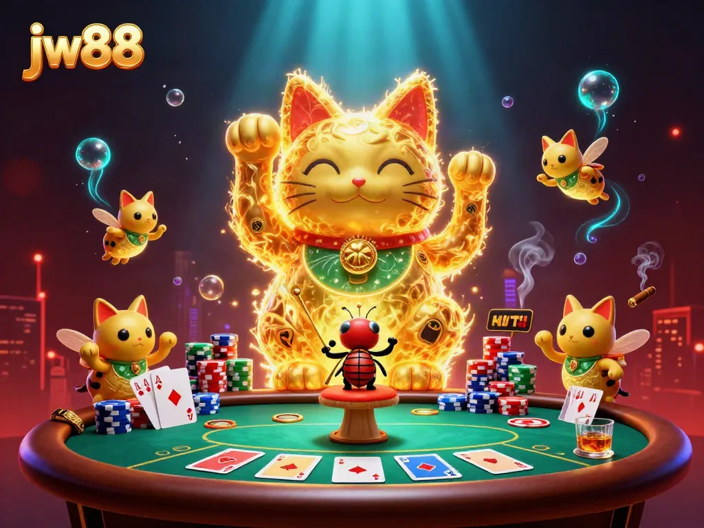 Experience the thrilling vibes of jw88 with a lucky cat and poker elements in a vibrant casino scene.