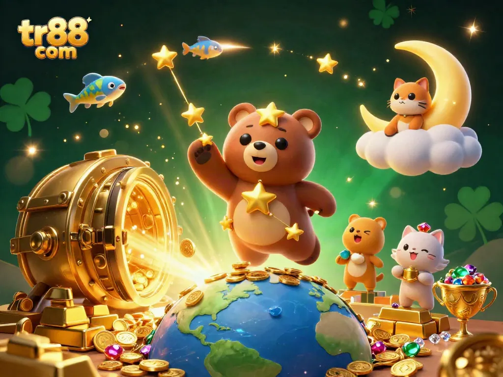 Experience excitement at tr88 com with a captivating illustration of a constellation bear and treasure elements.
