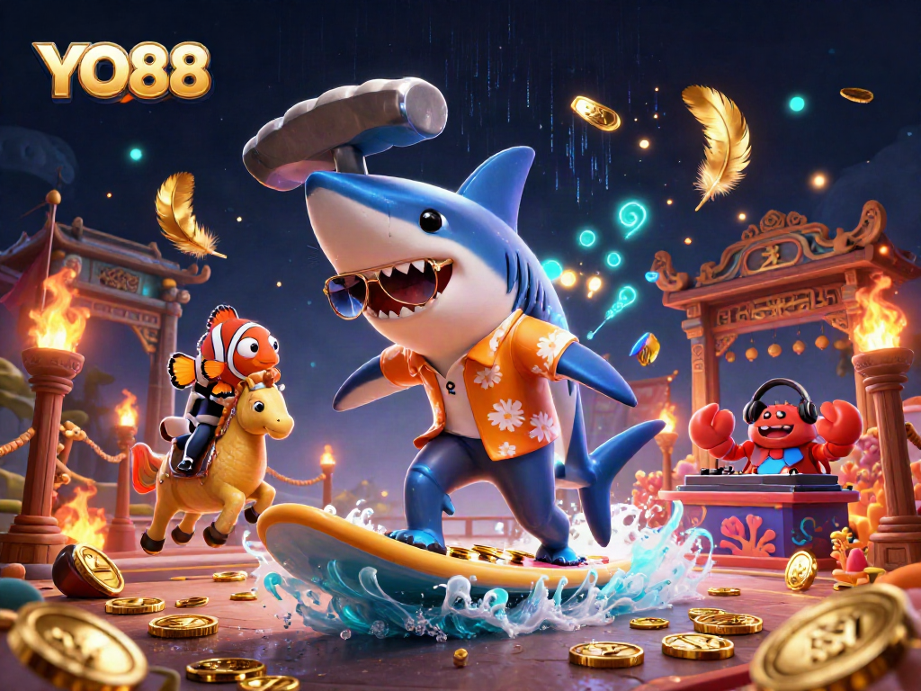 Engage in thrilling gameplay at YO88 with vibrant 3D casino characters amidst gold coins and dynamic elements.