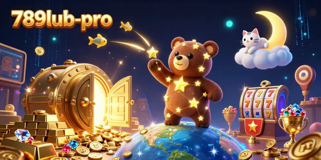 Engage with 789lub-pro as a constellation bear gathers coins in a vibrant casino scene