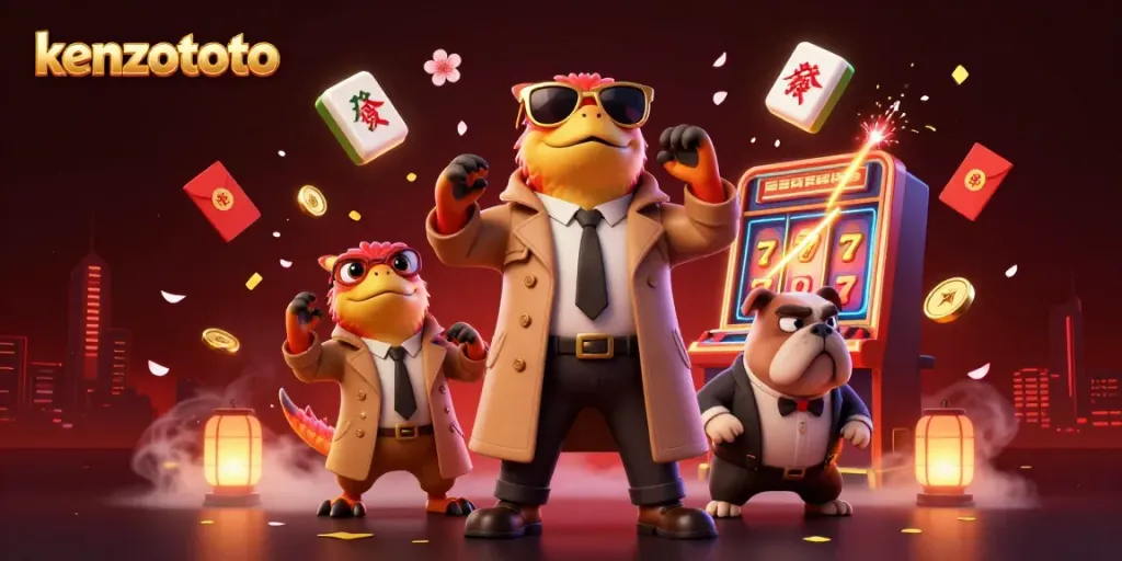 Experience the lively kenzototo gaming scene with cartoon raptors and vibrant casino elements.