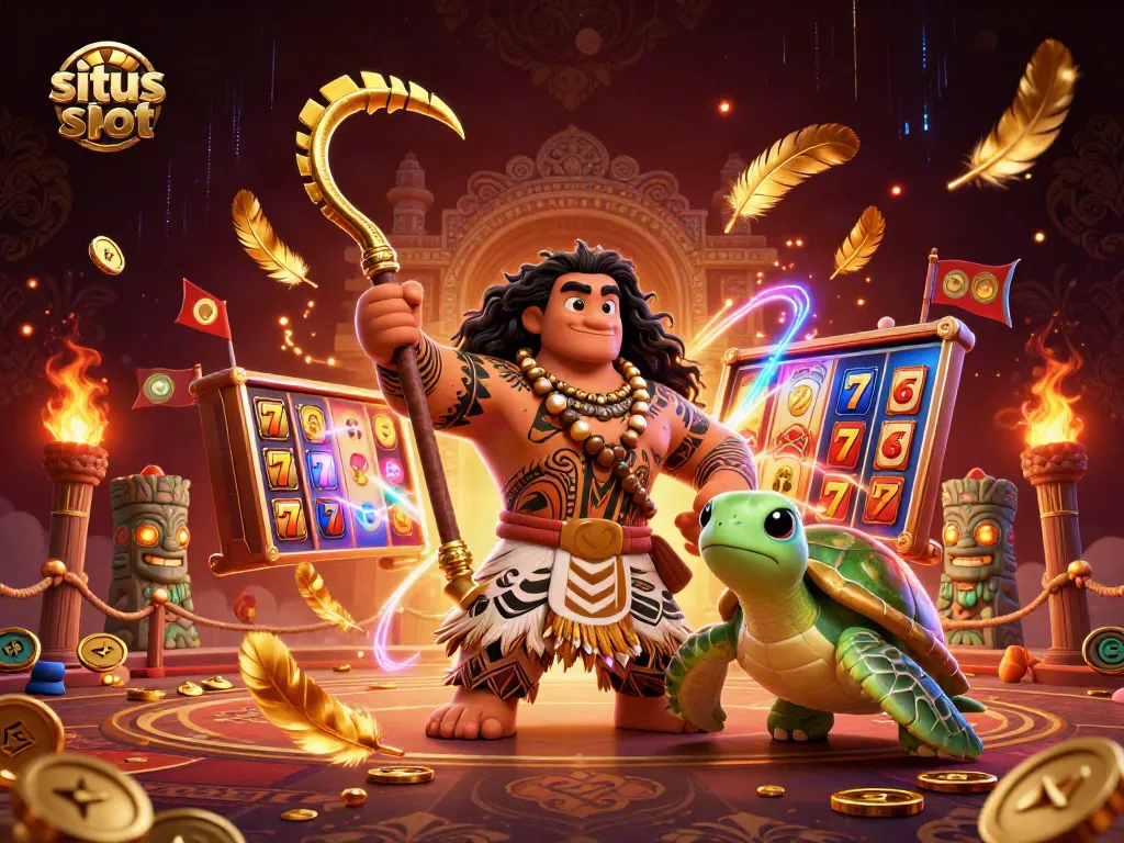 Situs slot scene with a Maui-style demigod, turtle, and slot elements in a dynamic casino setting.