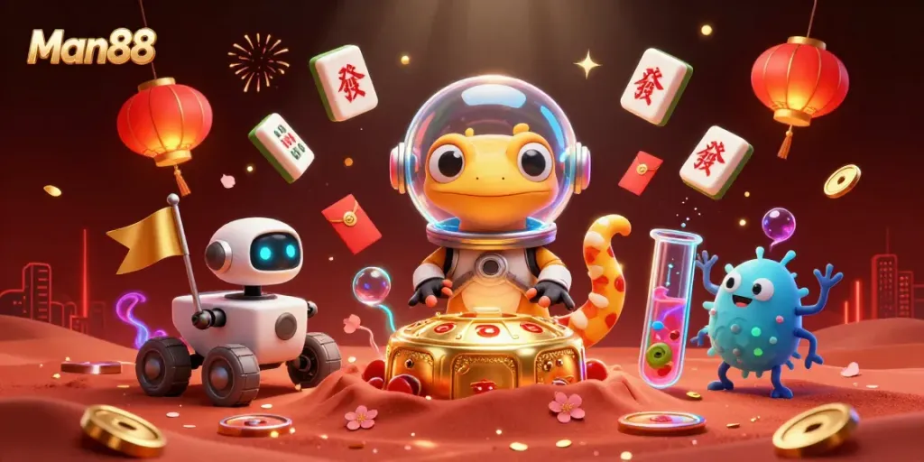 Man88 celebrates a Martian gecko discovering a golden casino amid vibrant alien elements.