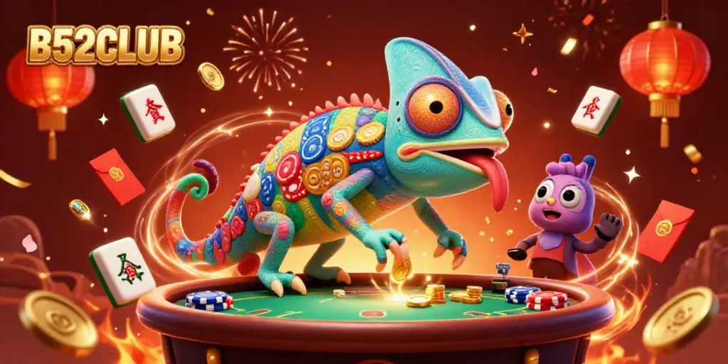Experience a vibrant scene of the B52CLUB casino with a colorful chameleon owner capturing excitement.