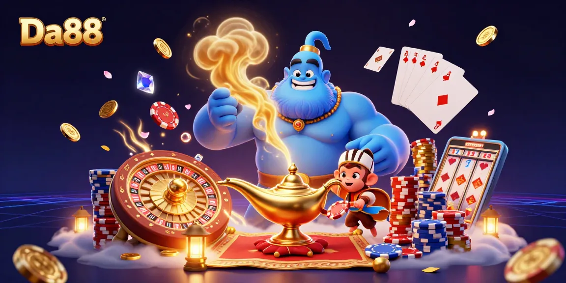 Da88 offers a vibrant casino experience with a genie, poker chips, and spinning roulette wheel.
